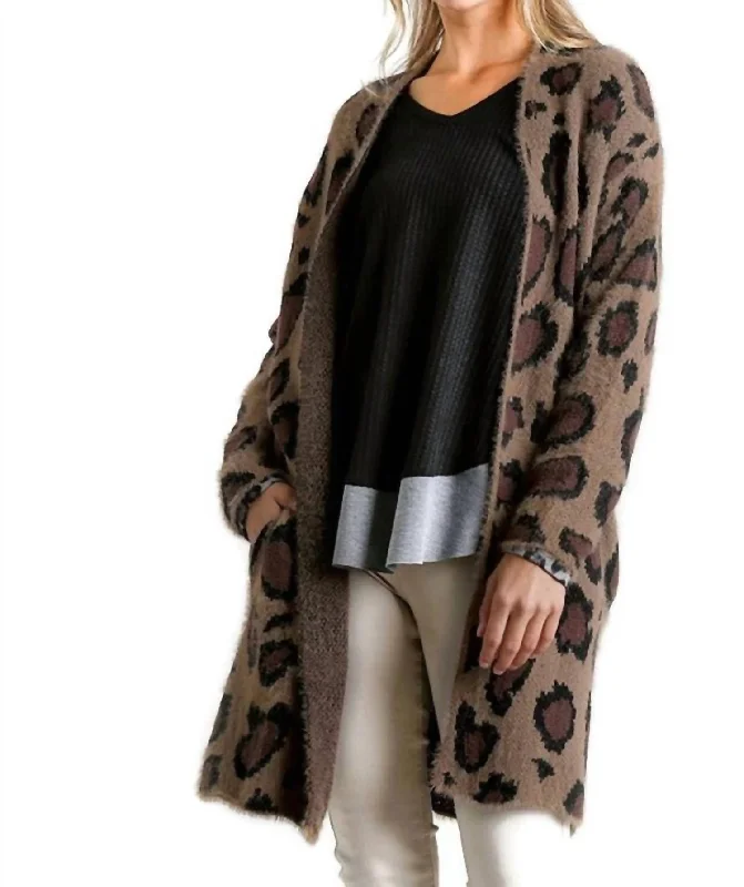 Fuzzy Leopard Cardigan In Brown Asymmetrical,ymmetric Pencil Cardigan