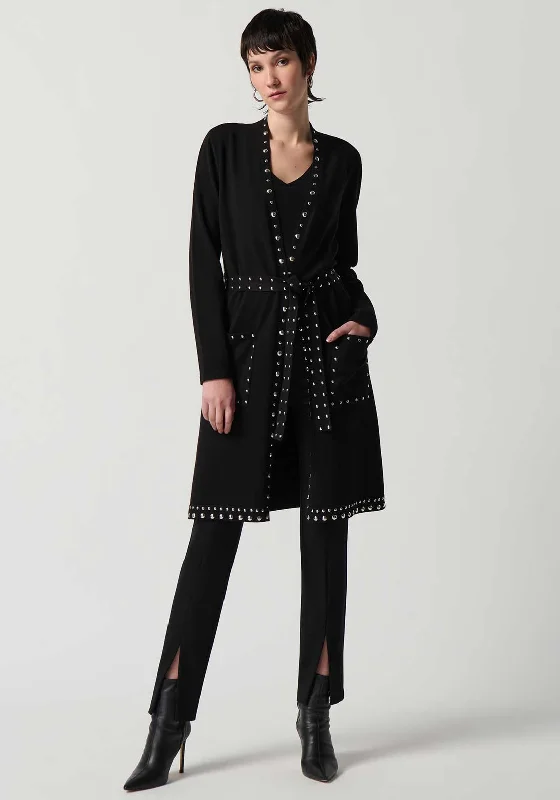 Joseph Ribkoff Flat Stud Trim Long Cardigan, Black Welt Pockets Slit Pockets Flap Pockets