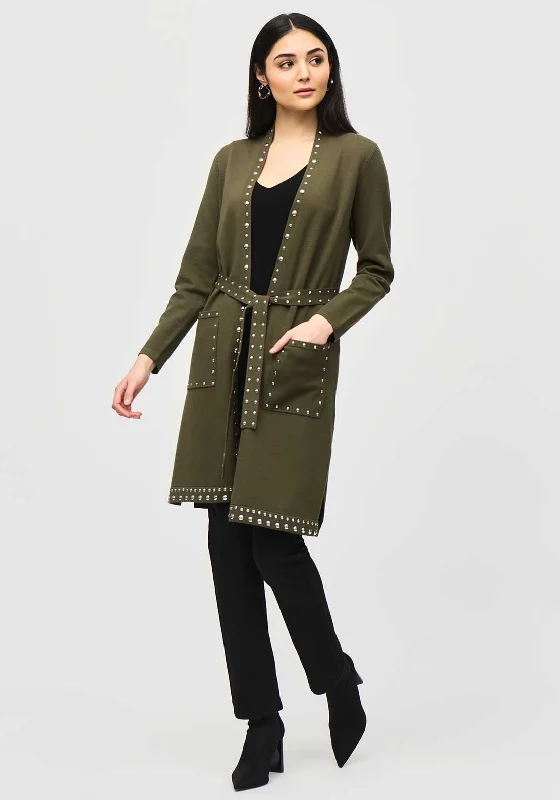 Joseph Ribkoff Flat Stud Trim Long Cardigan, Khaki Front Pockets Side Pockets Patch Pockets