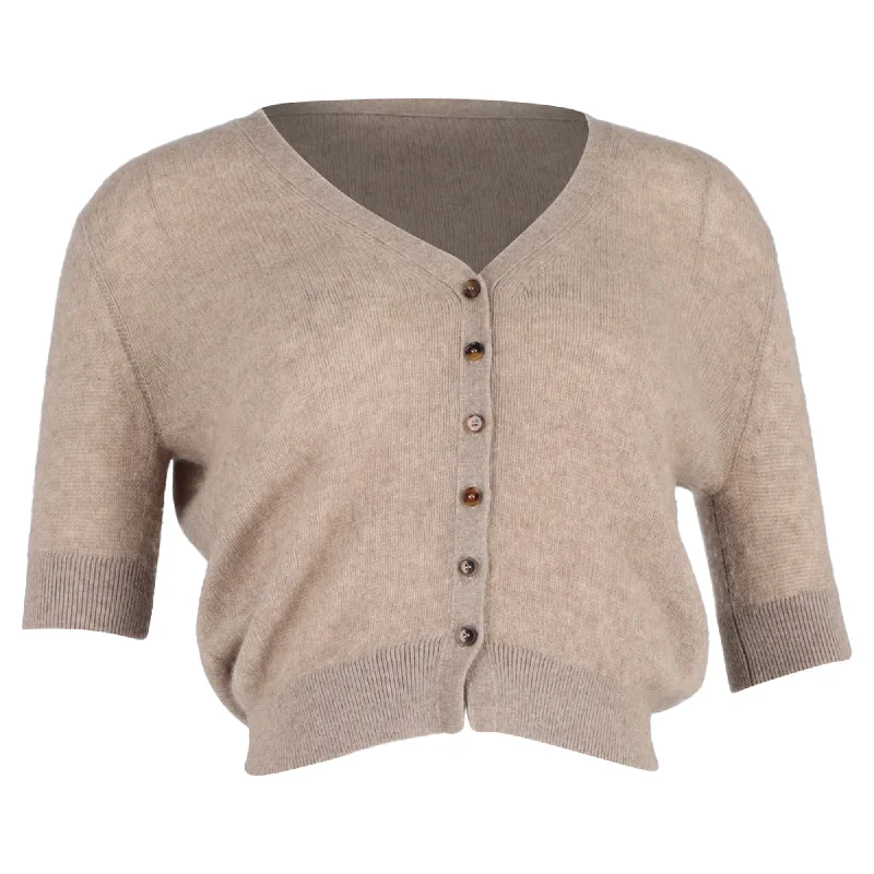 Khaite Dianna Short Sleeve Cardigan in Brown Cashmere Silk Blend Satin Velvet