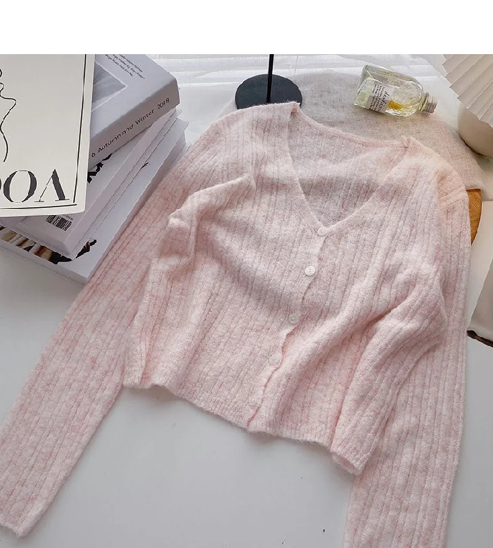 Korean small short long sleeve V-neck knitted cardigan  6493 Crew Neck V-Neck Turtle Neck