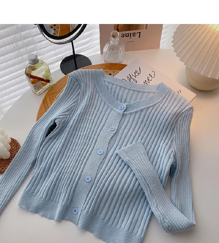 Korean version thin long sleeve round neck versatile thread solid color knitted cardigan  6550 Mesh Cardigan Canvas Denim