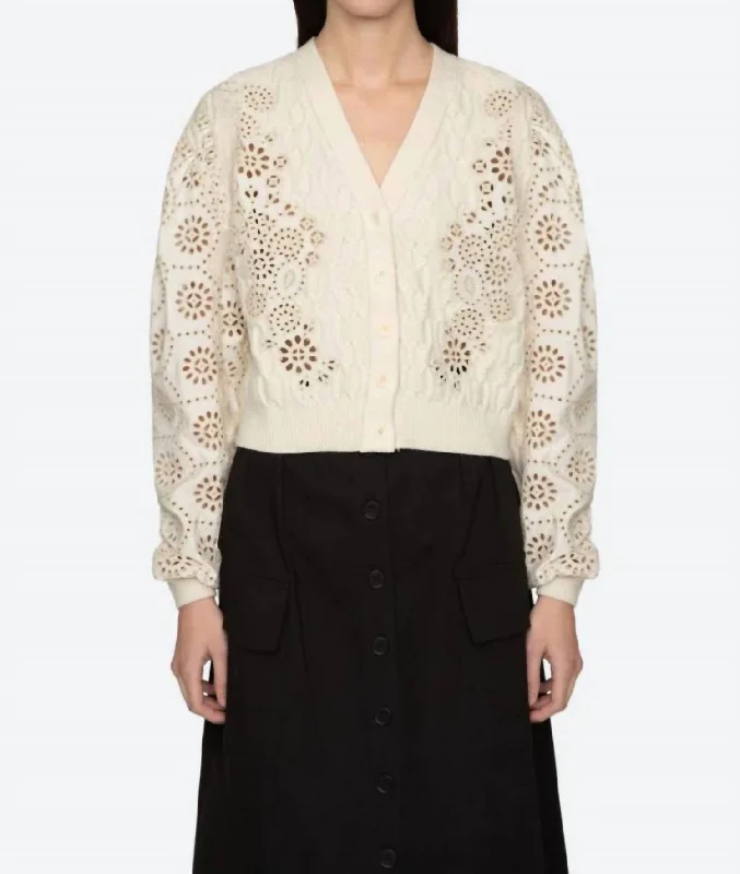 Lainey Cardigan In Cream Patchwork Embroidered Appliqued