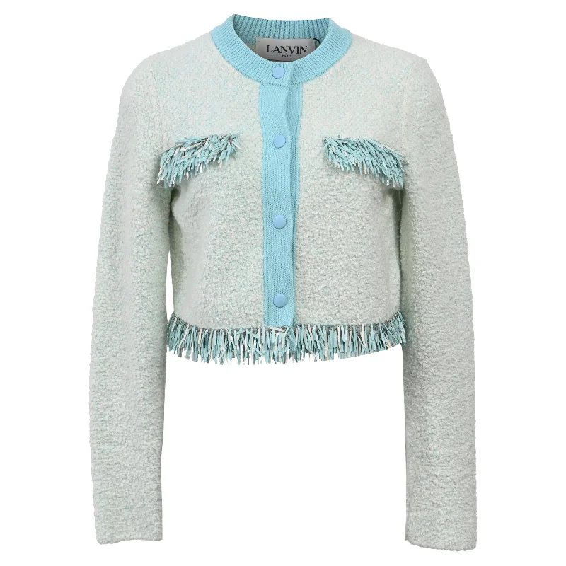 Lanvin Fringed Cardigan in Light Blue Cotton Chenille Brocade Lace