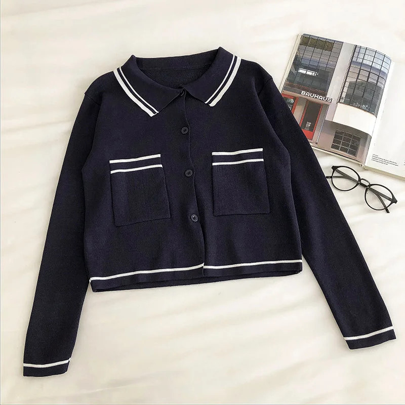 Lapel single breasted cardigan Vintage long sleeve sweater women  6549 Stretchy Elastic Breathable