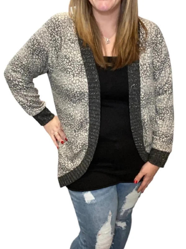 Leopard Fleck Cardigan In Grey Houndstooth Herringbone Solid