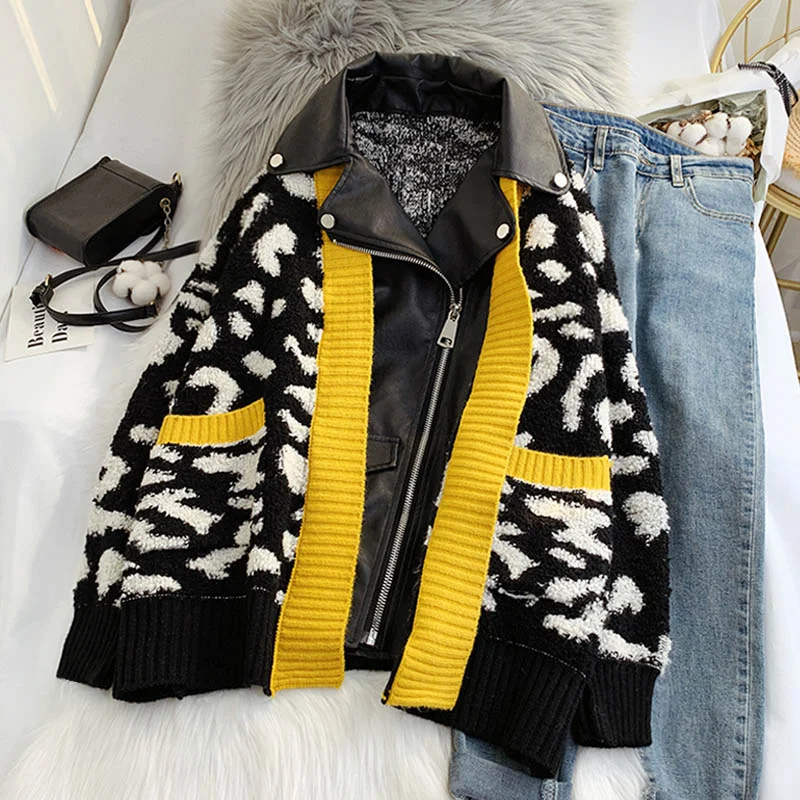 Leopard print foreign style knitted cardigan piecing European goods  5105 Real Fur Shearling Chenille