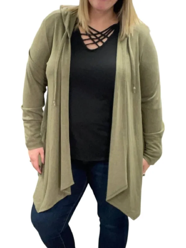 Long Sleeve Hooded Cardigan In Olive Toggled Drawstring Belted