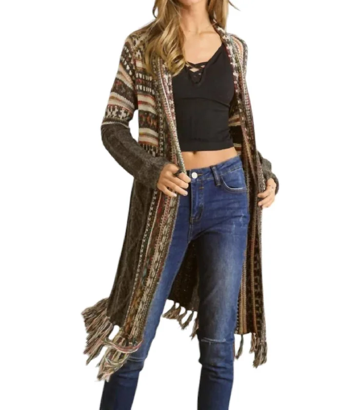 Marisol Tribal Print Fringe Hem Cardigan In Olive Hooded Caped Shawl Collar