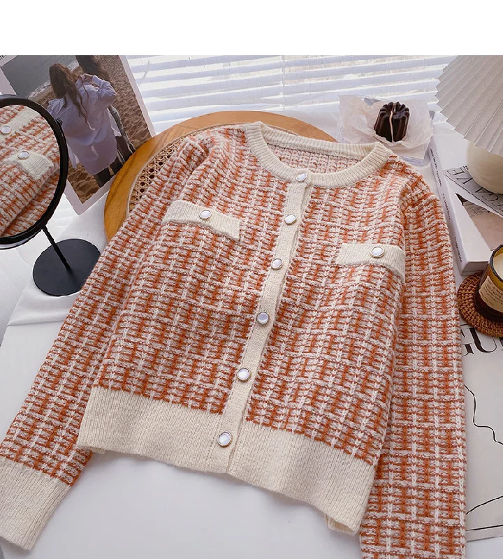 New Korean round neck small fragrance top cardigan  6077 Open Front Closed Front Wrap Front