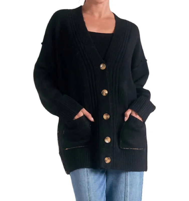 Pocket Front Cardigan In Black Cashmere Blend Cotton Blend Poly Blend