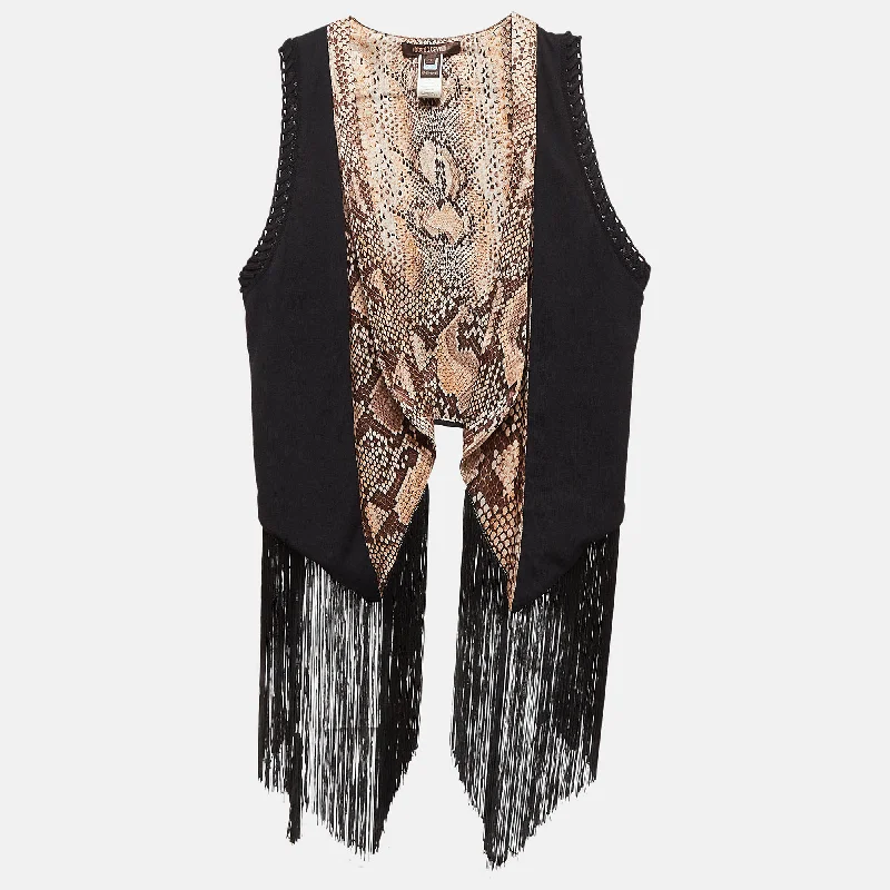 Roberto Cavalli Black Knit And Silk Tassels Detail Cardigan Slim Fit Regular Fit Oversized