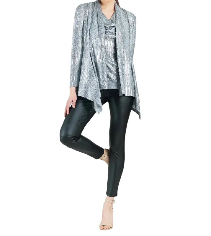 Shimmer Lamé Drape Cardigan & Cowl Tank Twinset In Silver Faux Fur Fabric Real Fur Fabric Shearling Fabric