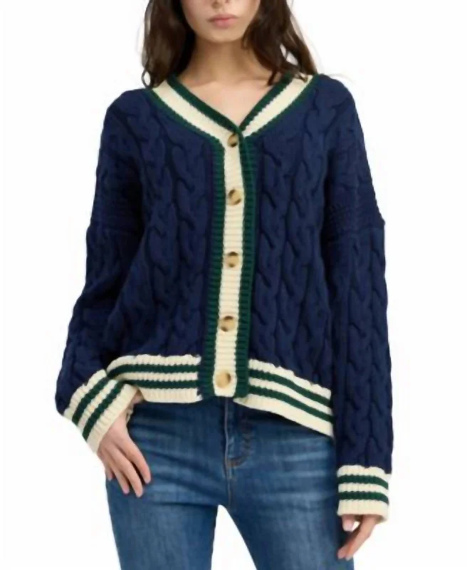 Spencer Cable Knit Cardigan In Navy/green Lace Blend Ribbed Blend Corduroy Blend