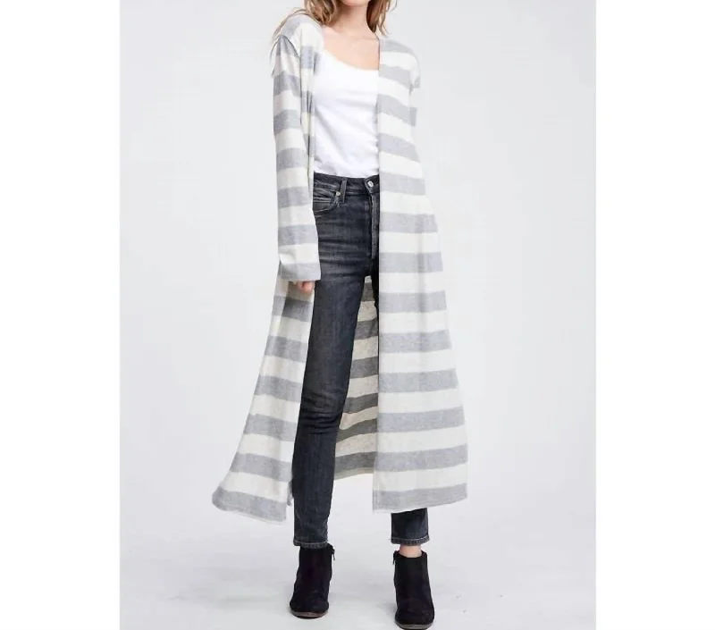 Stripe Brushed Soft Knit Long Cardigan In Heather Grey Cotton Fabric Linen Fabric Terry Fabric