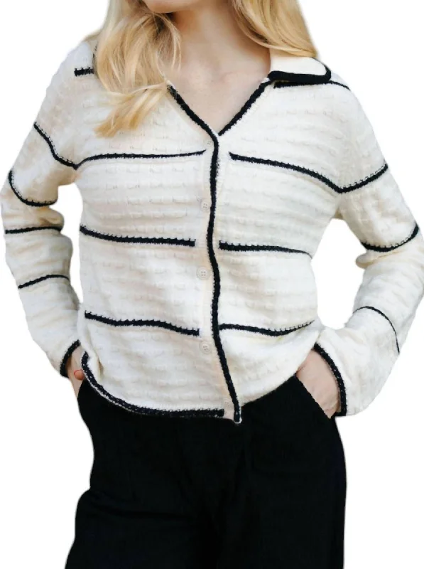 Stripe Button Up Cardigan In Ivory/black Zippered Buttoned Snapped