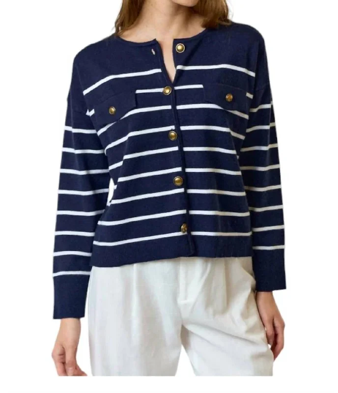 Stripe Cardigan In Navy Chenille Fabric Brocade Fabric Lace Fabric