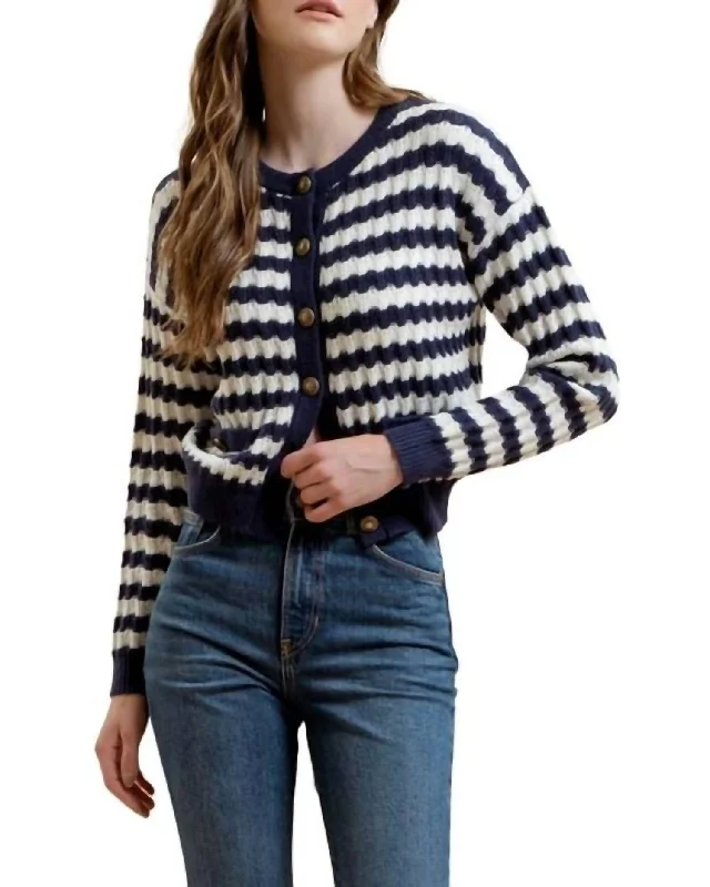 Stripe Cardigan In Navy Hooded Caped Shawl Collar