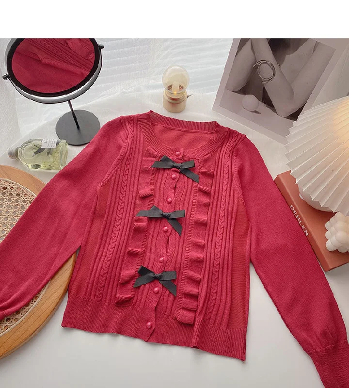 T-neck bow design Vintage knitted cardigan  6494 Chenille Fabric Brocade Fabric Lace Fabric