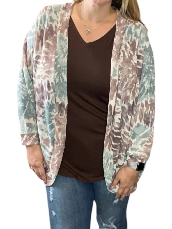 Tie Dye Dolman Cardigan In Mauve Satin Blend Silk Blend Wool Blend