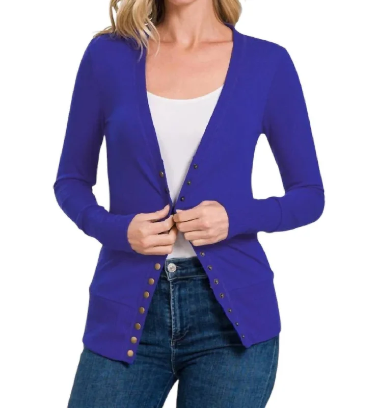 Torie Ribbed Detail Snap Button Cardigan In Bright Blue Casual Formal Business