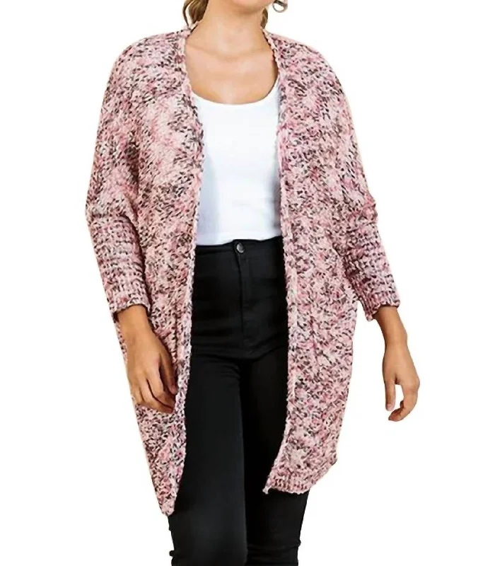 Tweed Cardigan In Pink Mix Solid Color Striped Floral Print