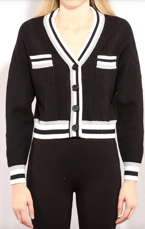 Varsity Cropped Cardigan In Black Combo Spandex Rayon Corduroy