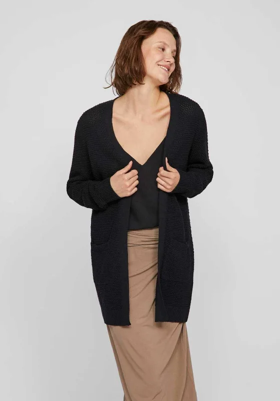 Vila Dalo Open Knit Cardigan, Black Fitted Slim Tailored