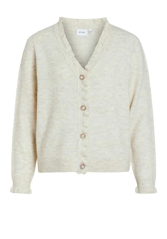 Vila Sofi Frill Trim Knit Cardigan, Super Light Natural Melange Asymmetrical,ymmetric Pencil Cardigan