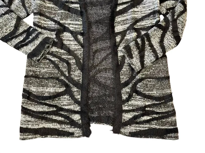 Women's Animal Print Faux Fur Knit Open Front Cardigan In Black Glossy Satin Silk