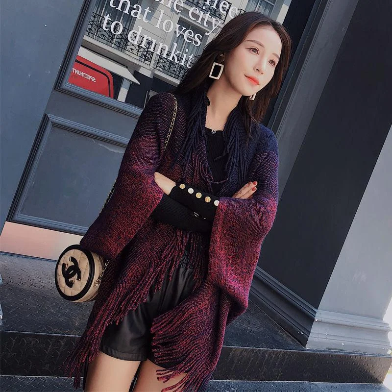 Women's Autumn Winter Tassel Gold Silk Shawl Warm Scarf Oversize Knitted Cardigan Dual-use Knitting Cloak Scarf Multifunctional Shawl Blanket Hooded Caped Shawl Collar