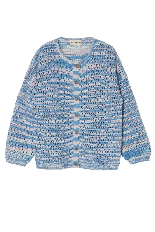 Women's Crochet Bomber Cardigan In Melange Blue Houndstooth Herringbone Solid