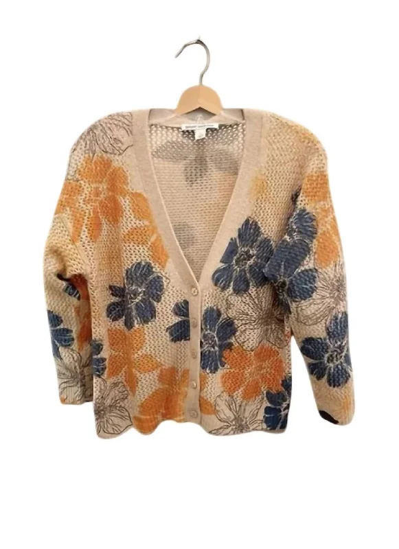 Women's Floral Mesh Cardigan In Cappuccino Combo Spandex Rayon Corduroy