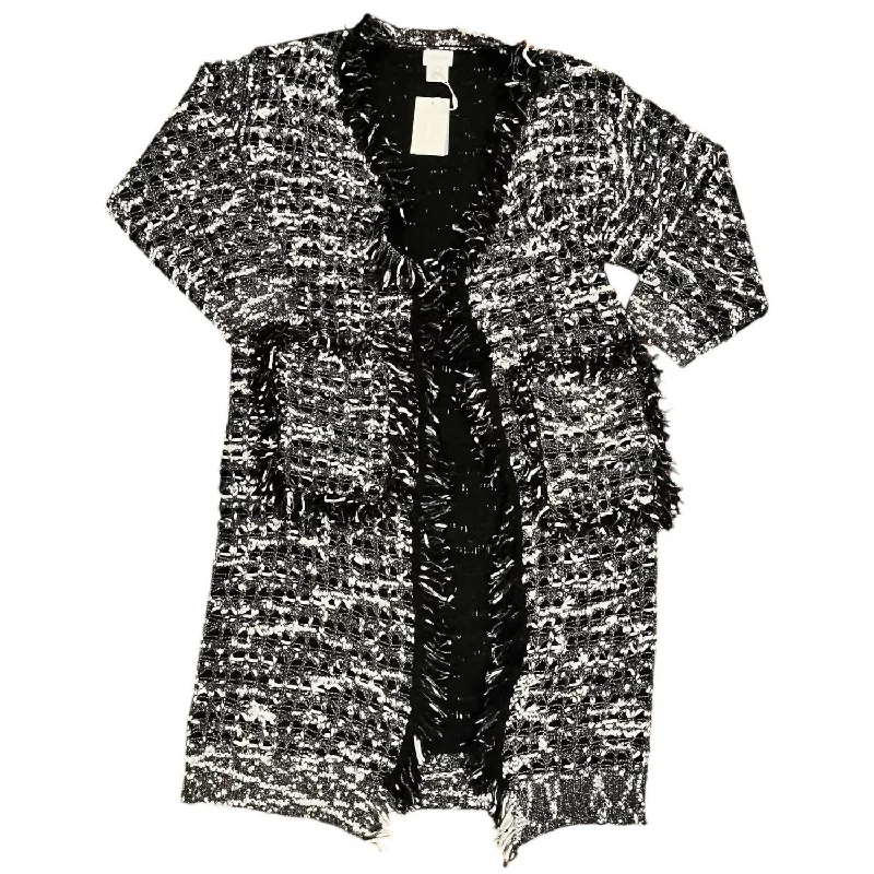 Women's Long Cardigan Fringe Knit Sweater In Black/white Chenille Blend Fleece Blend Nylon Blend