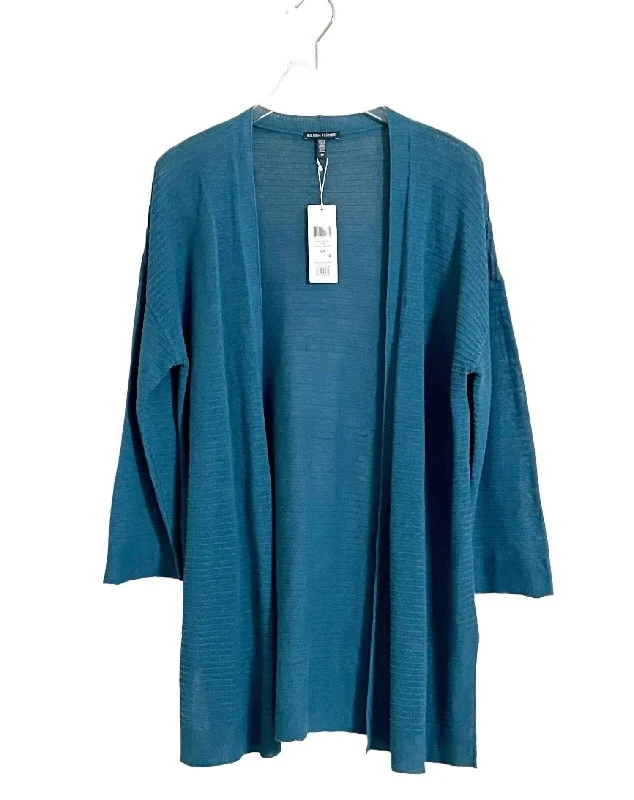 Women's Open Front Organic Cotton Linen Cardigan In Blue Fitted Loose Oversized